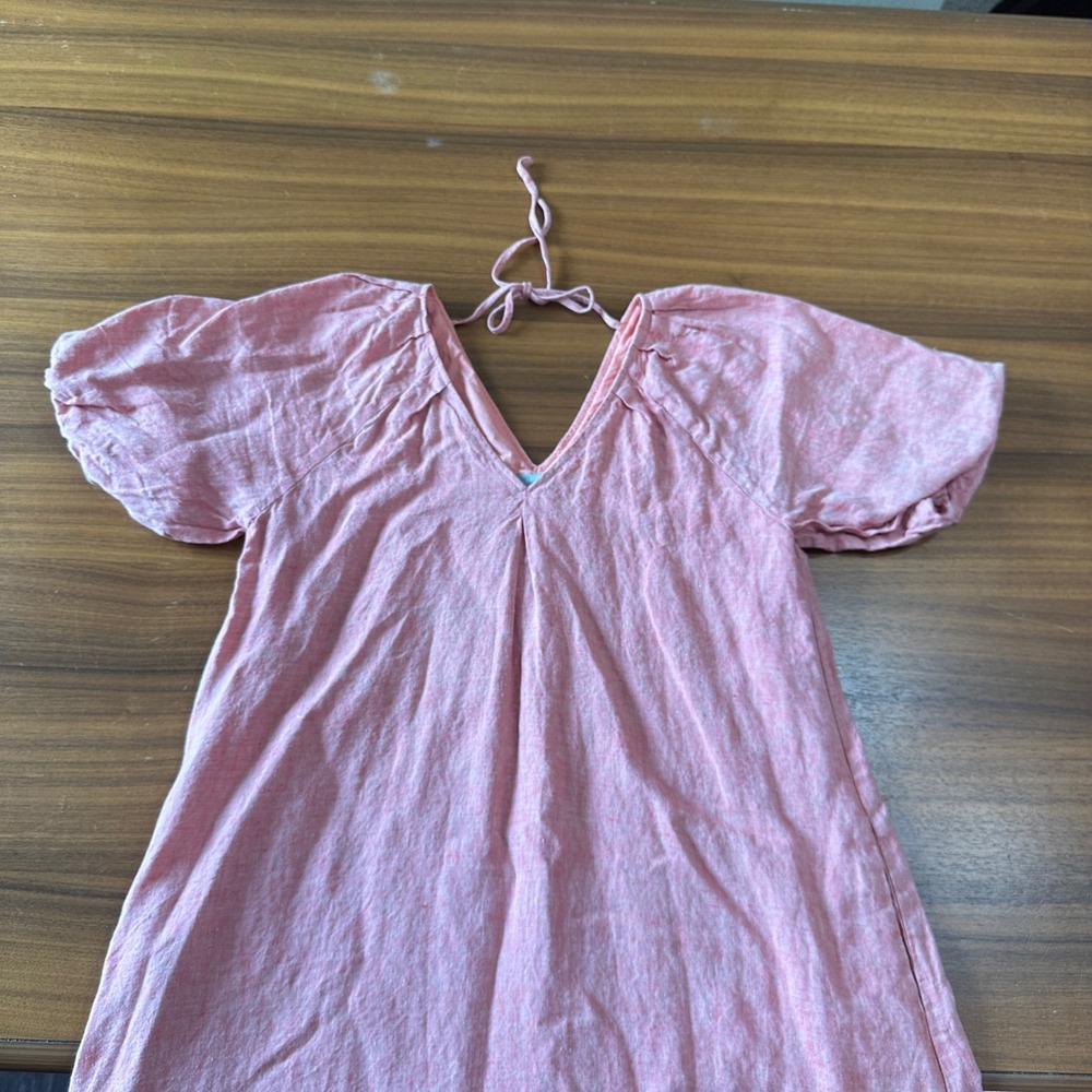 Yarra‎ Trail Linen Midi Dress 8 Petite Coral Red Puffed Sleeve Classic Summer - Picture 4 of 13
